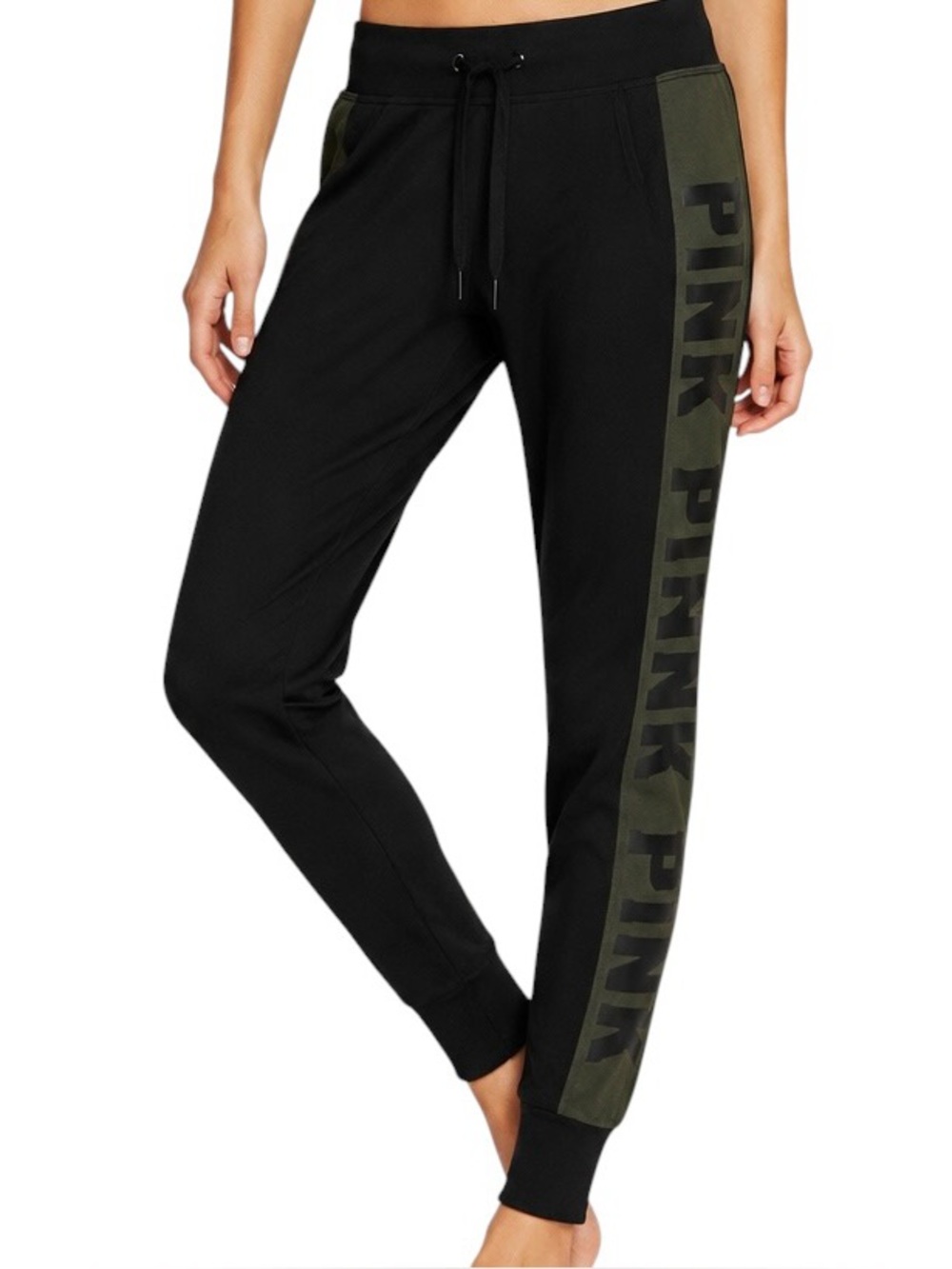 PINK Ultimate Collegiate Skinny Joggers Black Olive Logo Pants M